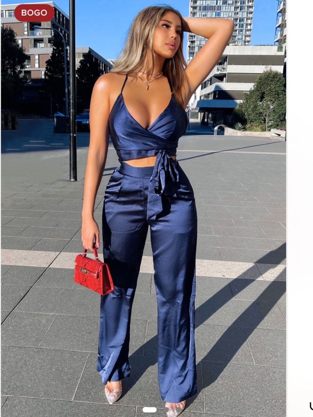 Satin High-Rise Navy Wide-Leg Pant Set